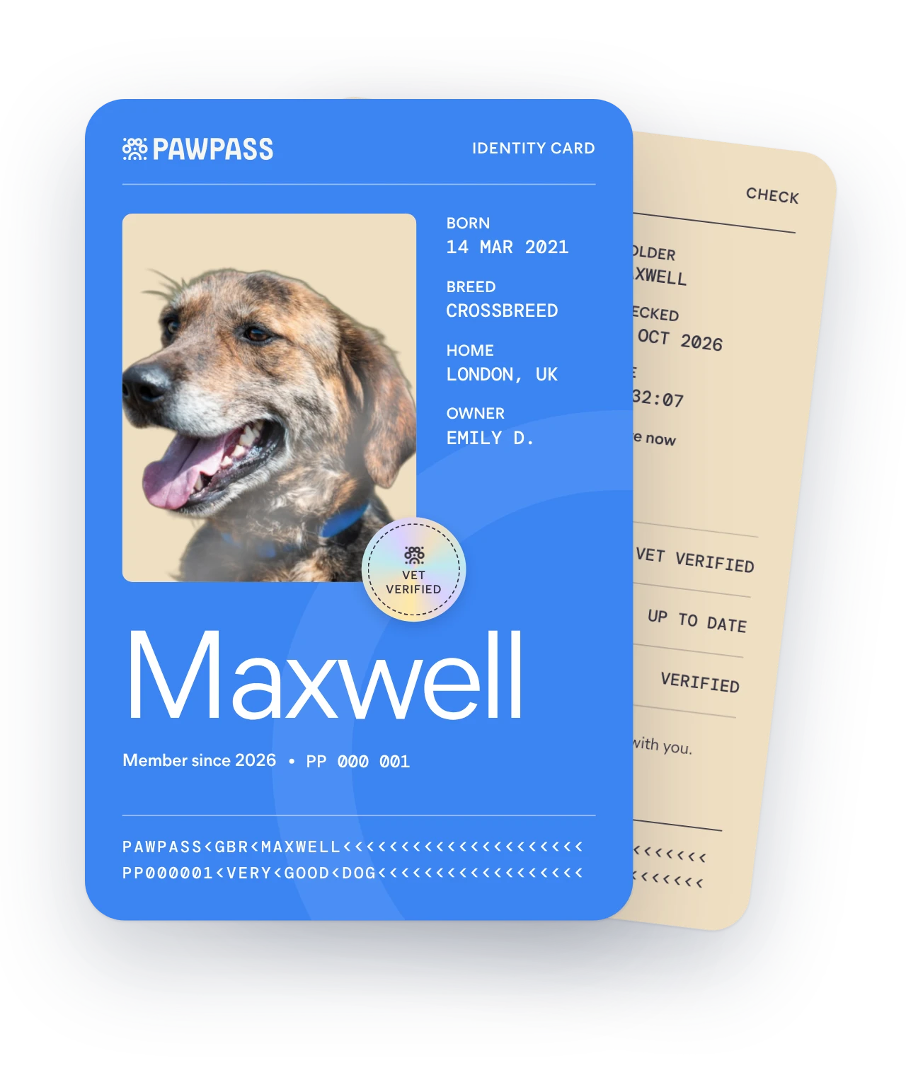 A PAWPASS ID card for a dog called Maxwell, showing his photo, date of birth, breed, home and owner, with a vet verified seal. Behind it is the check side of the card with a code to scan.