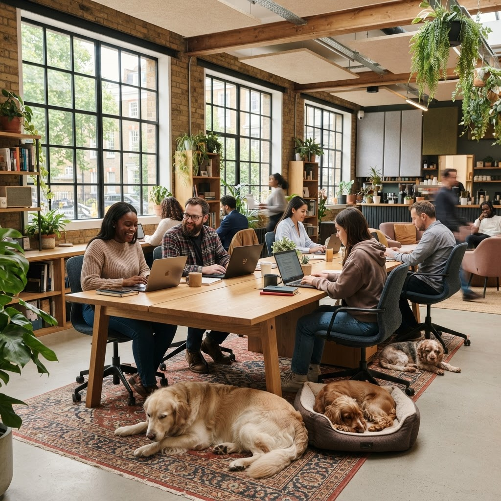 People working alongside dogs in a dog-friendly office